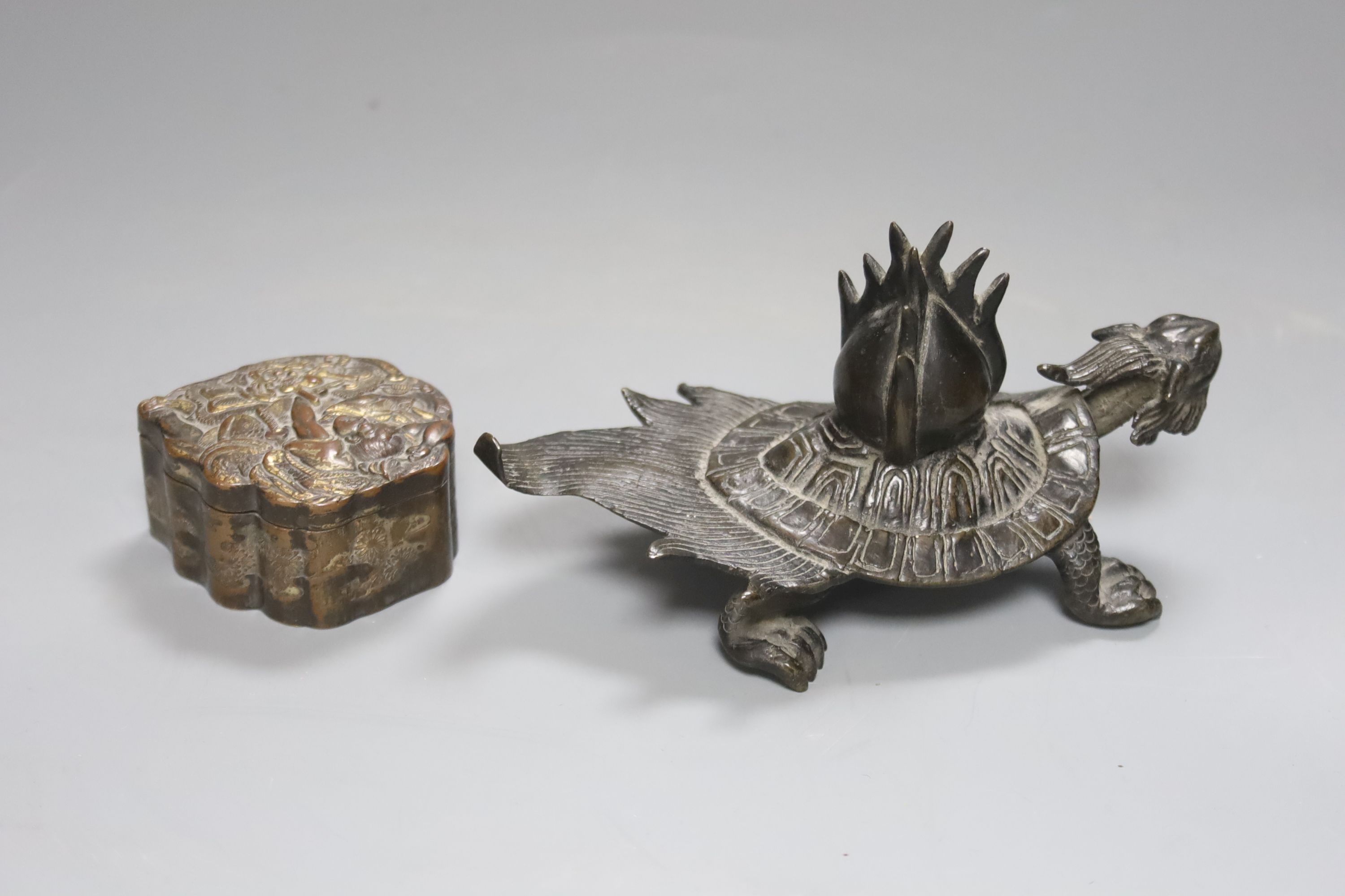 A Chinese bronze of a tortoise, length 16cm, together with a similar trinket box